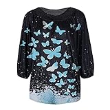 Damen Winter Langarm Bequem Casual Schmetterling Print Lose Casual T-Shirt Top