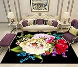 Teppich für den Innenbereich, Kurzflor, leicht zu reinigen, für Schlafzimmer, Boden, Sofa, Wohnzimmer, Rosa gelbe rote Blumen grüne Zweige und Blätter 140X200CM(4ft7 x6ft7)