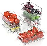 FINEW Kühlschrank Organizer 6er Set (Mittel), Hochwertig Speisekammer Vorratsbehälter mit Griff, Durchsichtig Stapelbare Aufbewahrungsbox Organizer, ideal für Küchen, Kühlschrank, Schränke -BPA Frei