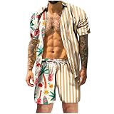 Herren Sommer Mode Freizeit Hawaii Küste Urlaub Strand Digitaler 3D-Druck Kurzarm Hemd Shorts Strand Hosenanzug Anzugtasche Kleidersack (Orange, S)