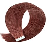 Tape Hair Extensions, Real Human Hair Extensions, Dark Auburn 20pcs/40g 45CM Glue in Human Hairpieces, Straight Seamless Skin Weft Tape in Extensions Echthaar