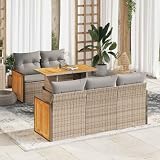 Wenjingqi-3327664 Gartensofa-Set, 6-teilig, Polyrattan, Akazie, Beige,