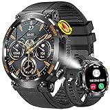 Militär-Smartwatch für Herren mit LED-Taschenlampe, 3,7 cm (1,44 Zoll), HD, robuste taktische Outdoor-Smartwatch mit Kompass (Anrufe annehmen/wählen), Fitness-Tracker-Uhr mit