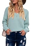 Damen-Pullover, langärmelig, gestrickt, einfarbig, lockerer V-Ausschnitt, Sweatshirt, Fledermausflügel, Baggy-Pullover, lässige Bluse, Blau - Glacier Blue, XX-Large