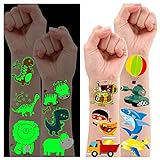 Leesgel Tattoos Kinder Jungen, 79 Stücke Leuchtende + Metallic Glitzer Kindertattoos mit Tier Dinosaurier für Kindergeburtstag Gastgeschenke