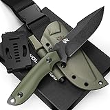 Wolfgangs Outdoor-Messer AMBULO mit Kydex Holster - Edles Jagdmesser aus einem Stück D2 Stahl gefertigt - DAS Bushcraft Messer - Perfektes Survival Messer (Grün - Stonewash)
