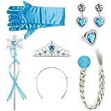 Lictin Prinzessin Kostüme Zubehör Mädchen Verkleidung set Krone Haarreifen Zopf Ring Ohrringe Zauberstab Handschuhe (Hell blau)