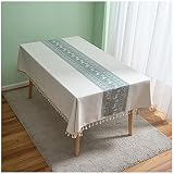 Weiße Baumwoll-Leinen-Tischdecke, 120 x 215 cm, waschbar, knitterfrei, staubdicht, mit Quastenbesatz, ideal für Zuhause, Küche, Esstisch, Buffet, Dekoration, rechteckige Tischdeck