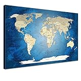 LANA KK - Weltkarte Leinwandbild mit Korkrückwand zum pinnen der Reiseziele – „World Map Blue Ocean” - englisch - Kunstdruck-Pinnwand Globus in blau, in 120x80cm