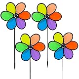 LUKDUNG 4 Stück Windspiel Blume Windrad 24cm Regenbogen Windmühle Spinner für Rasen Windrad Hof Garten Terrasse Balkon Gartenstecker Dek
