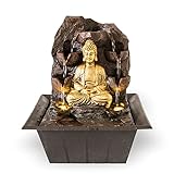 Zimmerbrunnen Goldener Buddha mit LED-Beleuchtung | Tischbrunnen mit Wasserfall | dekorativer Zierbrunnen in Felsenoptik | Zen Wohlfühlbrunnen für Z
