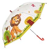 Idena 50047 - Kinderregenschirm für Jungen und Mädchen, mit putzigem Löwenmotiv auf transparentem Kunststoff, Durchmesser ca. 83 cm, Länge ca. 66 cm