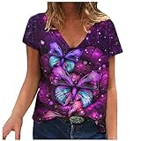 T-Shirt mit Schmetterlings-Blumen und Busch, lustiger Druck, für Damen, Rundhalsausschnitt, kurzärmelig, modisch, lässig, Übergröße, violett, 3XL
