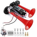 WADEO 12V LKW Hupe 118db, Super Laut Doppelhorn Autohupe mit Kompressor, Lufthorn Drucklufthorn Laute Hupe Kit für alle 12 V Fahrzeug, PKW, LKW, Zug, Boot, Auto, Van (Rot)