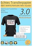 TransOurDream A4X20 Blatt+2 Silikonpapier, Echte Inkjet/Laser Transferfolie,Bügelfolie für Dunkle Textilien,T-Shirt Papier für dunkle T-Shirts, Textilienfolien,Transferpapier,T Shirt F