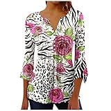 KDEIHT sonderangebote & Restposten Tunika Damen 3/4 Arm Tops Knopfleiste Plissiert Longtops Sommer Leicht Shirt Locker Blusenshirt V Ausschnitt Sommerbluse Drucken Damenblusen Fashion Longb