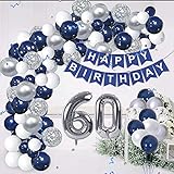 60. Geburtstag Männer，Luftballon Deko 60 Geburtstag Mann，Geburtstagsdeko 60 Männer，Silber Blau Luftballons Mann Deko zum 60 Geburtstag，Tischdecke Happy Birthday Girlande Torten Deko
