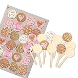 Logbuch-Verlag 12 Cupcake Topper - Muffinstecker 9 cm mit Herz Aufkleber rosa beige - Deko Verzierung für Muffins Cupcakes & kleine Kuchen