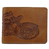 Hill Burry ® Geldbörse Geldtasche Geldbeutel Portemonnaie aus Leder für Herren Männer mit RFID-Schutz mit Münzfach (Einkaufchip) und Einer Prägung Motorbike Bike Motorcycle (Querformat, Braun)
