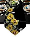 Z&L Home Tischläufer aus Leinen mit Sonnenblumen-Schmetterling auf schwarzem Tischläufer für Abendessen, Urlaub, Party, Hochzeit, Veranstaltungen, Küchendekoration, 33 x 178 cm