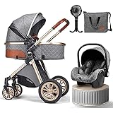 Kinderwagen 3 in 1 Kombikinderwagen komplettset Buggy Babyschale,Kinderwagen Stubenwagen, mit Alu-Rahmen Voll-Gummireifen Wickeltasche Moskitonetz Lüfter Regenschutz Fußsack (Color : Gris)