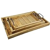 Serviertablett Holz rechteckig 3er Set Tablett mit Tragegriff für Geschirr und Getränke Serving Tray aus rustikalem massivholz Holztablett Stapelbar
