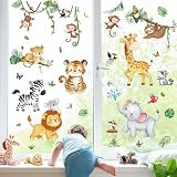 decalmile Fensterbilder Kinderzimmer Fensteraufkleber Waldtiere Fenster Abziehbilder Tiere Affe Löwe Fenstersticker Glas Wiederverwendbar Fensterdek