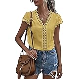 FrüHling Und Sommer Damen Casual Pullover V-Ausschnitt Einfarbig Spitze Dekoration Schlank Kurzarm T-Shirt Top Damen
