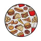 Burger, Hot Dog Pizzascheiben, Hamburger, Sandwich, Soda, Donut auf weißem runden Bereich, Teppich, Fußmatte, rutschfeste Bodeneinstiegsmatte für Outdoor & Indoor, 91 cm