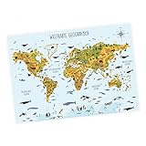 Kinder Lernposter Weltkarte Tiere geografisch - in 3 Größen - Wanddeko Kinderzimmer Poster Plakat in Deutsch - Größe DIN A1-841 x 594 mm