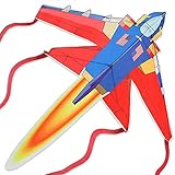 Drachen Flugdrachen für Kinder ab 3 Jahren - Fighter Plane - 120x140cm Einleiner Flugdrachen mit 50m Drachenschnur und 8 Streifenschwänze, Leicht zu Basteln und Steigen, Ganz cooles Outdoorspiel