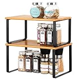 UOMIO Küchen Regaleinsatz für Schrank 2er Set Gewürzregal aus Bambus Stapelbare Küchenschrank Organisation Küchenablage mit Bambusbrett und Metallrahmen für Kü