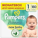 Pampers Baby Windeln Größe 1 (2-5 kg), Harmonie, 0% Kompromiss, 100% Absorption, Inhaltsstoffe pflanzlichen Ursprungs, hypoallergen, 180 Babywindeln