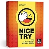 Nice Try – Das Challenge Party Spiel, Witziges Kartenspiel für 4 - 8 Spieler. Partyspaß auch für große Runden.