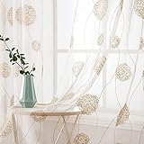MIULEE Vorhänge mit Florales Stickerei, Gardinen Weiß mit Golden Muste für Wohnzimmer, Schlafzimmer Vorhang Transparent mit Ösen, 2er Set Voile Blumen Durchsichtig Vorhänge, Jeder H 215 X B 140