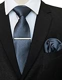 JEMYGINS Seide Krawatte Krawatten und Einstecktuch mit krawattenklammer Set für Herren Seidenkrawatten Hochzeit Schlips,Farbe Wolframstahl