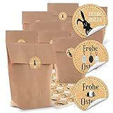 Logbuch-Verlag 24 braune Osternest Tüten - Kreuzbodenbeutel 16,5 x 26 x 6,6 cm mit Osteraufkleber 4 cm - Osterverpackung zum Verschließ