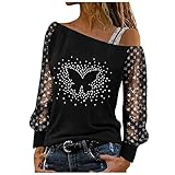 Damen Spitze Bluse Damen Sexy Schulterfrei Sling Langarmshirt Tshirt Damen Diamant Glitzer Druck Langarm Tunika Bluse Frauen Elegant Sweatshirt Pullover Jumper Herbst Winter Bluse Sweatshirt