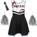 Zombie Cheerleader Kostüm Outfit mit POM POMS - Faschingskostüm Sport High School Musical Halloween Outfit - 6 Farben/Größe 34-44, Schwarz , 32-34