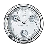 Riviera Maison Uhr Silber, Wanduhr rund, Uhr Wand, küchenuhr rund- World Cities Clock - Metall gefertigt mit Glas - ?51 und 7cm tief
