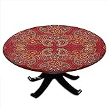 Runde Tischdecke mit elastischen Kanten, marokkanisches persisches Design, orientalisch, rechteckig, Paisleymuster, rot, für Tische bis 91,4 cm Durchmesser