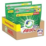 Ariel Waschmittel Pods All-in-1, 104 Waschladungen, Strahlend Rein, Umweltschonendes Waschen