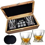 Whiskey Stones Glas Geschenkset – 2 klassische Whiskygläser, 6 Whisky-Steine, 2 Untersetzer, luxuriöse Holzbox, ideal für Scotch,Tolles Geschenk für Männer, Väter