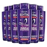 L'Oréal Paris Elvital Shampoo für blondes, gesträhntes, graues Haar, Neutralisiert Gelbtöne, Color Glanz Purple Silbershampoo für Anti-Gelbstich, 6 x 200 ml