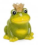 Spardose Frosch Froschkönig aus Keramik 12 cm groß grün mit Krone Gold, Gelddose Sparbüchse abschließbar mit Schlüssel, Geschenk zur Geburt Taufe Geburtstag