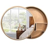 CENAP Runder Medizinschrank zur Wandmontage, Badezimmer-Spiegelschränke, Badezimmer-Aufbewahrungsregale mit langsam schließendem Holzrahmen auf 3 Ebenen, Spiegelschrank mit Schiebetür für die Wohn