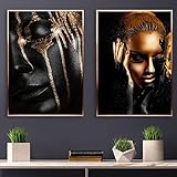 Gemälde auf Leinwand, schwarz-goldfarben, afrikanische Frau, Gesicht Finger Poster und Druck, skandinavische Wandkunst, Bild, Heimdekoration, 30 x 40 cm, rahmenlos