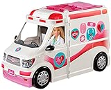 Barbie FRM19 - 2-in-1 Krankenwagen, aufklappbares Fahrzeug mit Licht und Geräuschen, Puppen Spielset mit Zubehör, Mädchen Spielzeug ab 3 Jahren, Mehrfarbig, Norme