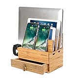 iCozzier 4 Slots Abnehmbarer Bambus-Uhrenständer Mit Schublade Ladestation für mehrere Geräte Dock für iWatch, Smartphones, Tablets, Laptops