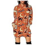Notinzo Damen Kleid Halloween Bedrucktes Kapuzenkleid Pocket Mode Langer Pullover Langarm Minikleid, Orange 1, Medium